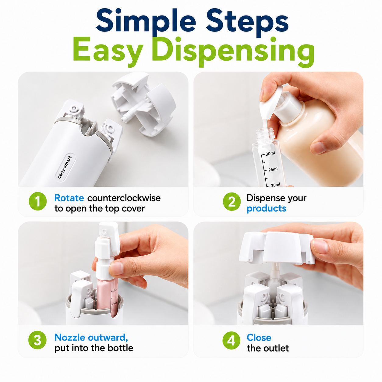 CarrySmart | Leak-Proof 4-in-1 Travel Toiletry Bottle Set
